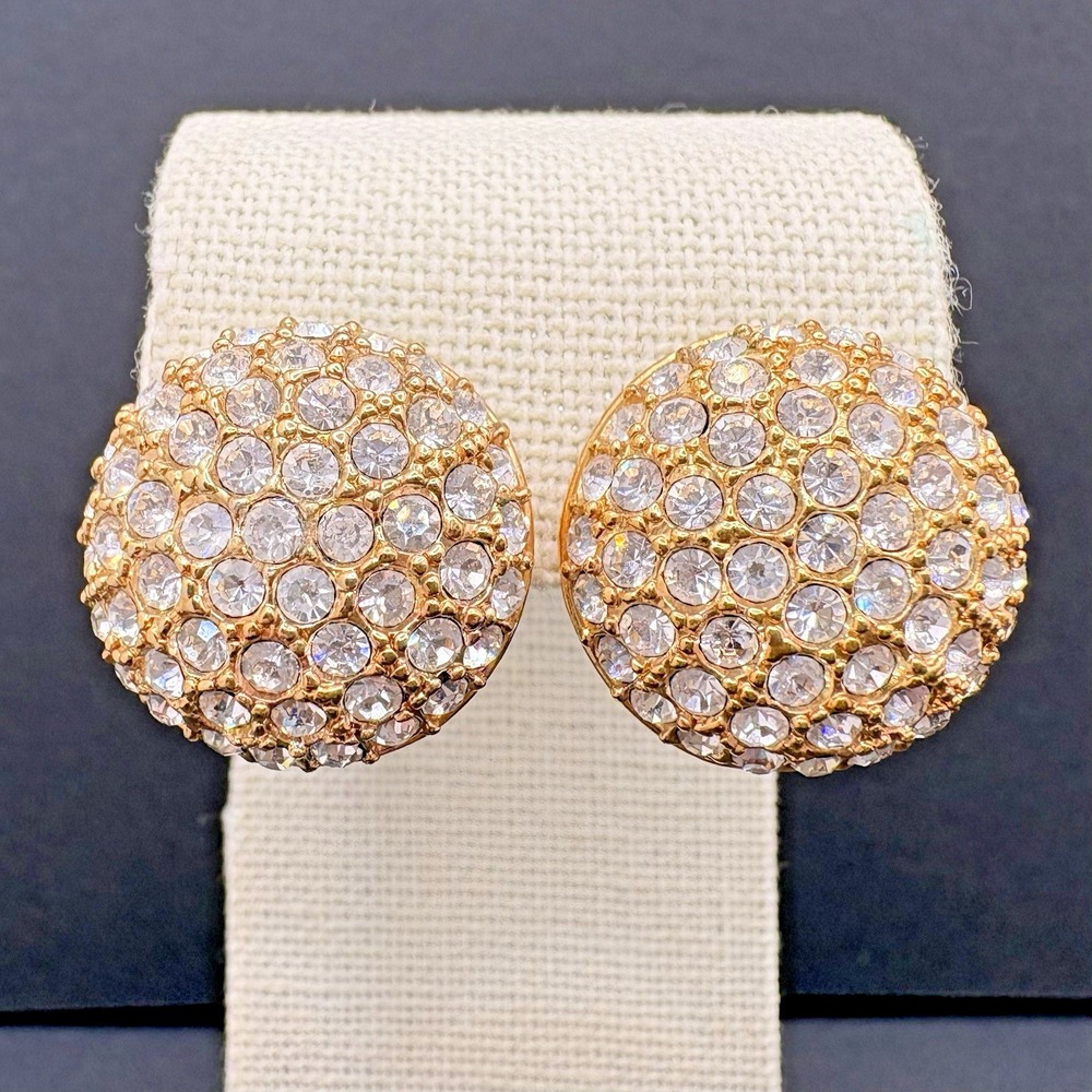 Vintage Roman Domed Button Clear Rhinestone Earrings Pierced 80s Gold Tone